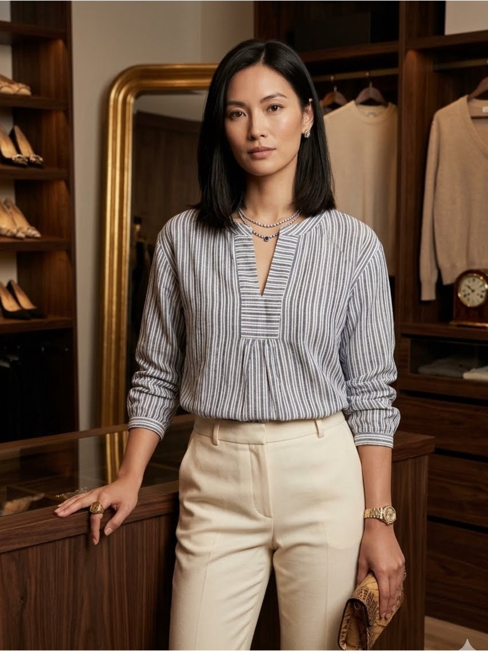 Michael Stars “Charlie Popover Top”Admiral Stripe, Crosshatch Shirting, Size S